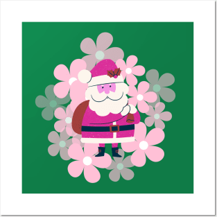 Retro vintage pink Santa Claus with vintage flower Posters and Art